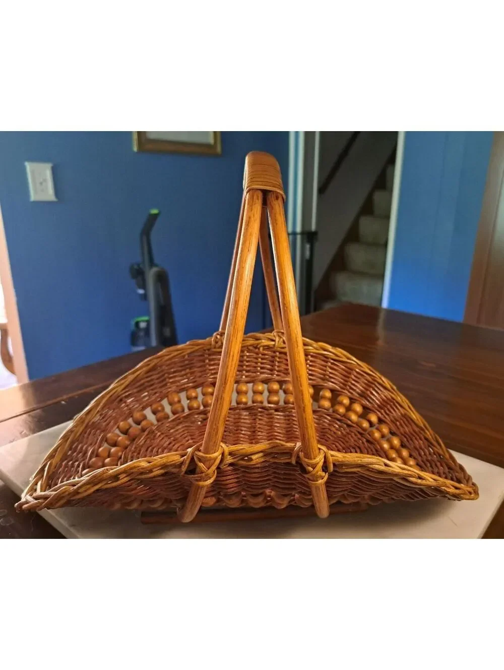 Vintage Wicker Beaded Trug/Gathering Double Handled Basket